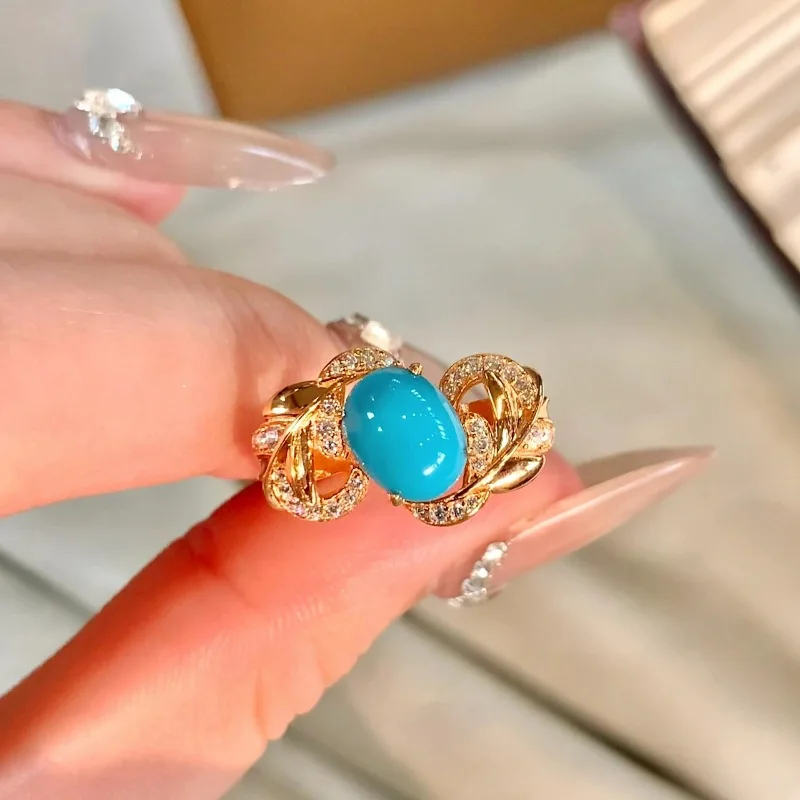 turquoise rings for women Classic retro wave hollow out luster light luxury refreshing blue oval ring banquet fine jewelry
