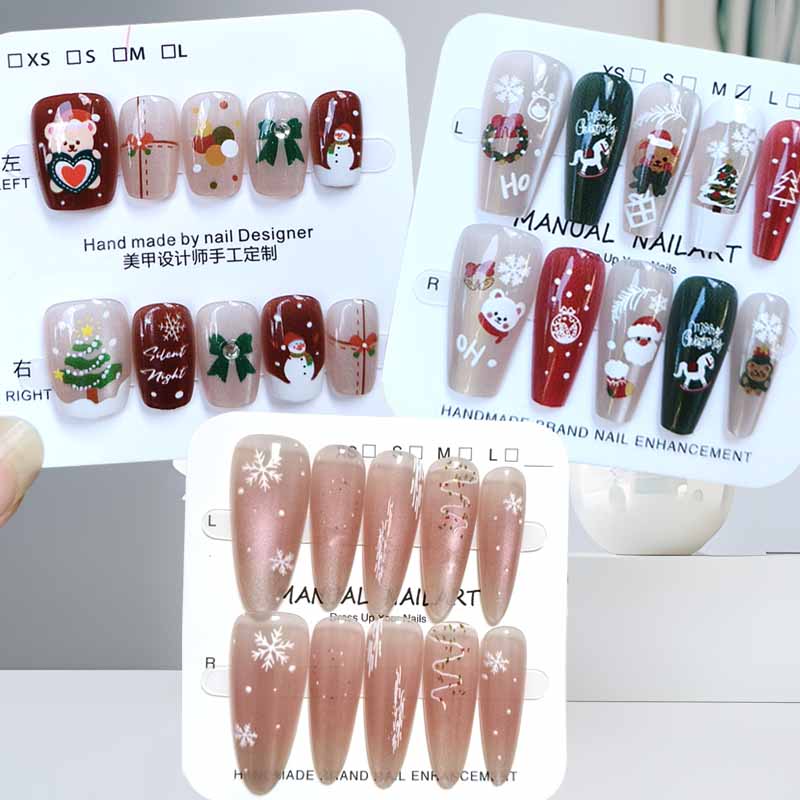10 Pcs Atmosphere Press on Nails Cute Tree Bear Snowflake and Santa Claus Handmade Nails Patch Fake Nails