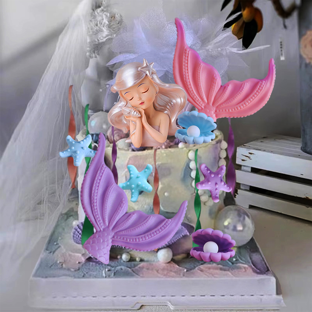 Mermaid Cake Toppers Under the Sea Cake Decorations with Fish Tails, Starfish, Seaweed, Shells for Girls Birthday Princess Theme