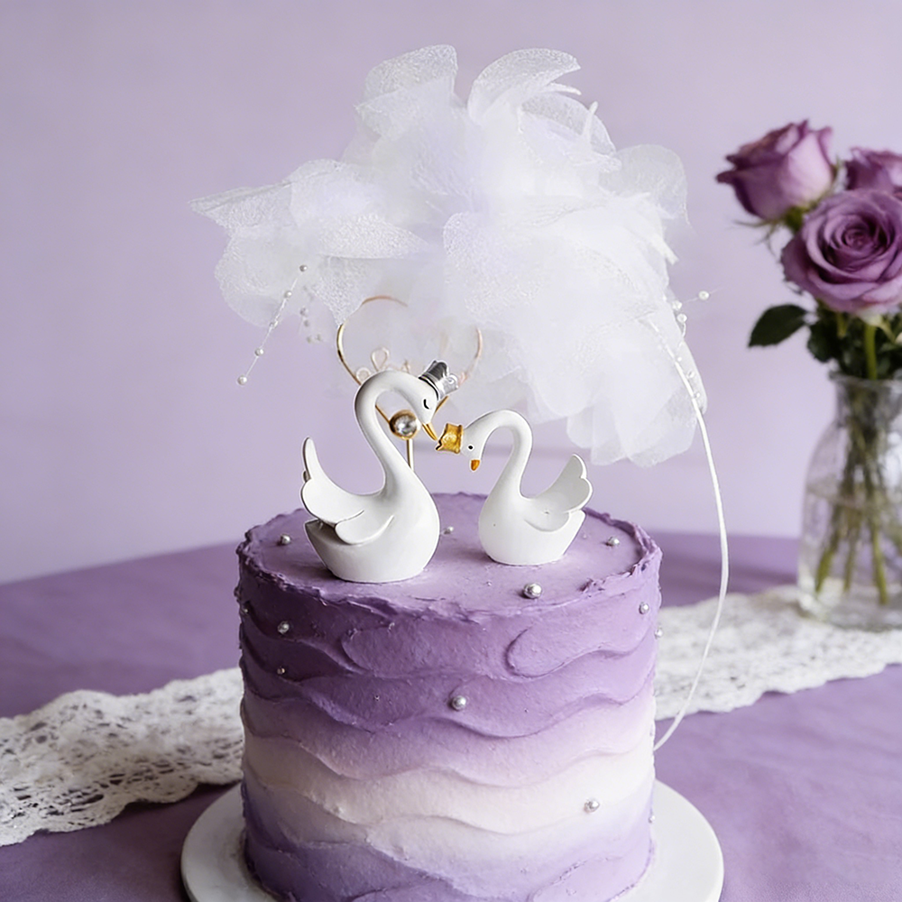 Romantic Crown Swan Cake Toppers Feather Flowers White Pink Big Small Swans for Girl's Birthday Party Wedding Cake Decorations