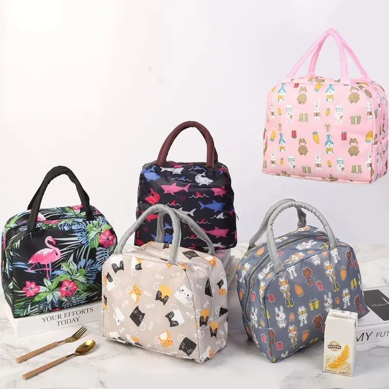 Cartoon Print Lunch Bag Waterproof Oxford Cloth Portable Tote Thermal Insulated Aluminum Film Lunch Box Bag for Work Picnic