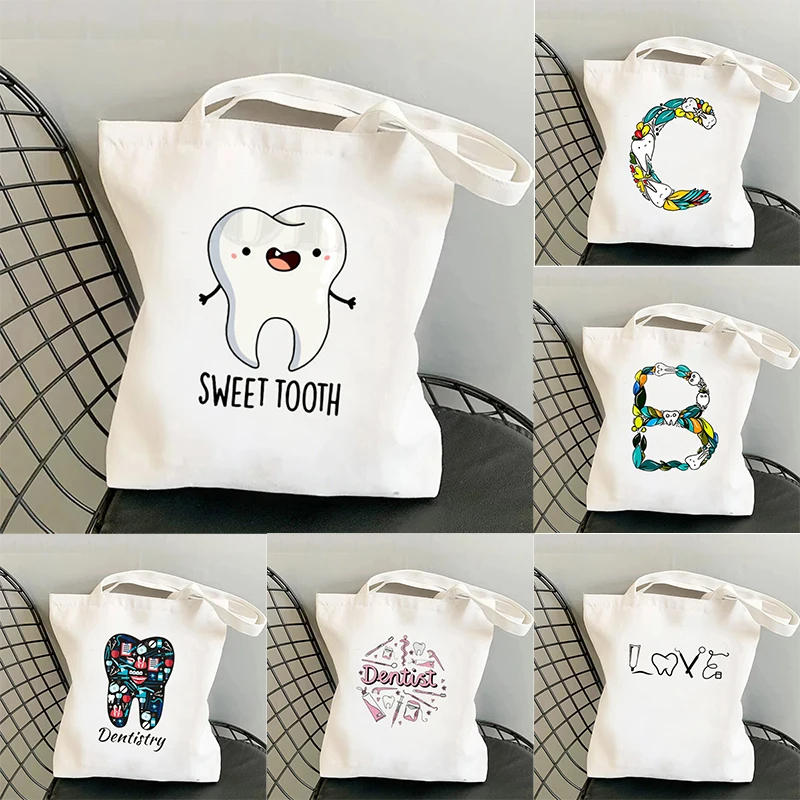 Cute Teeth and Dentist Girl Handbag Fun Fashion Shoulder Bag Leisure Environmental Large Capacity Portable Shopping Bag