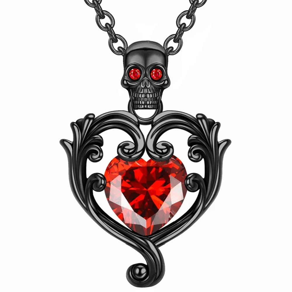 Women's Skull Black Heart Purple Red Angel Wing Crystal Pendant Necklaces Halloween Christmas Jewelry