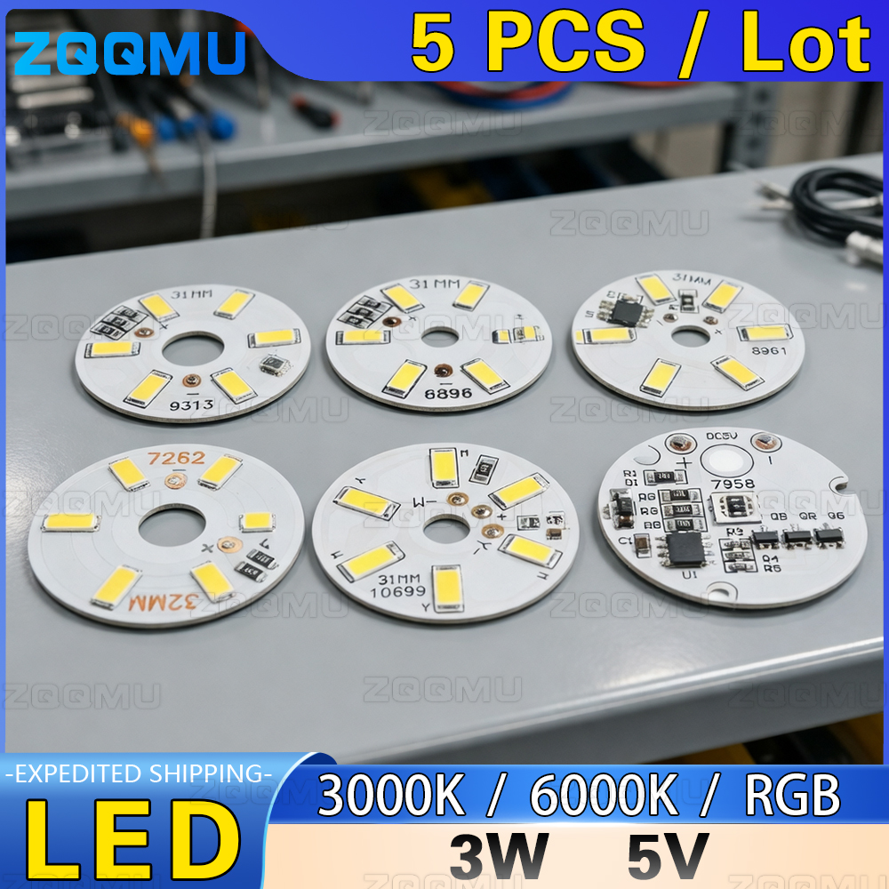 5PCS 3W 5V Low Voltage 3V LED Chip Round White Warm White Tricolor DIY Lamp Beads Light Source Lighting Replacement Parts