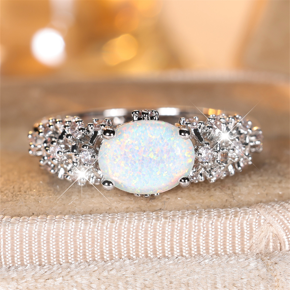 White Fire Opal Oval Stone Rings For Women Luxury Crystal Silver Color Engagement Promise Bands Wedding Jewelry Bridal