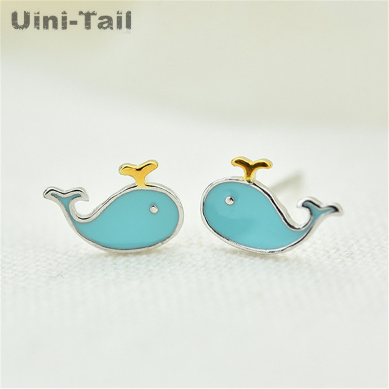 Uini-Tail hot 2026 new listing 925 sterling silver small whale earrings Korea fresh blue fish cute marine animal earrings ED178