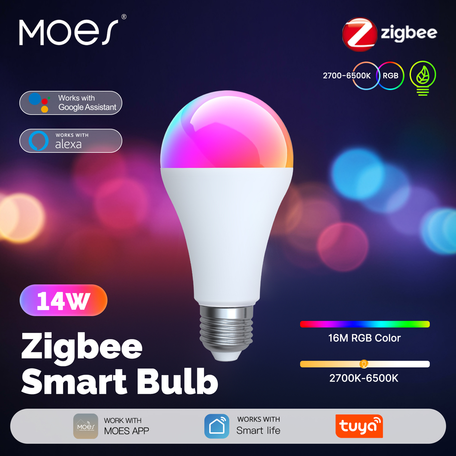 MOES Tuya Zigbee Smart LED Bulb Dimmable RGB C+W Colors 14W E27 2700K-6500K Smart Life App Remote Control With Alexa Home