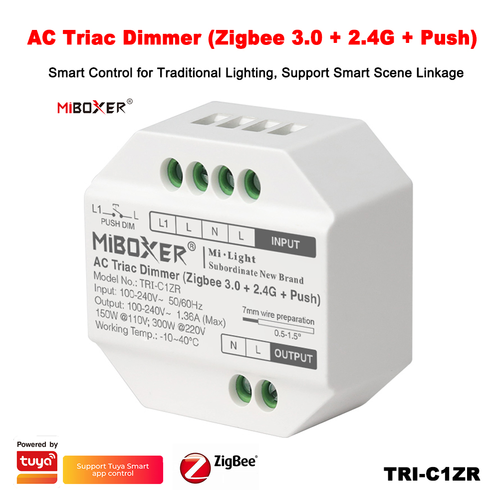 Miboxer TRI-PZ AC100-240V Zigbee 3.0+2.4GRF+Push TUYA Remote Push Switch Halogen lights Triac Dimmable LED lamp Controller