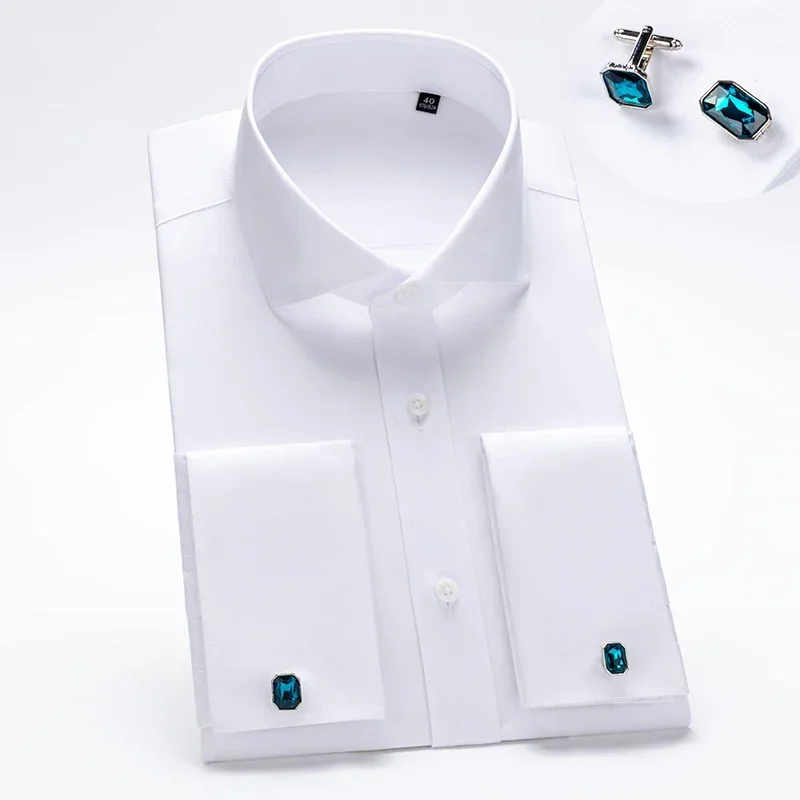 Men's Shirt Slim Fit Windsor Neck Long Sleeved High Quality Cotton Anti Wrinkle and Non Iron Cufflinks White Shirt