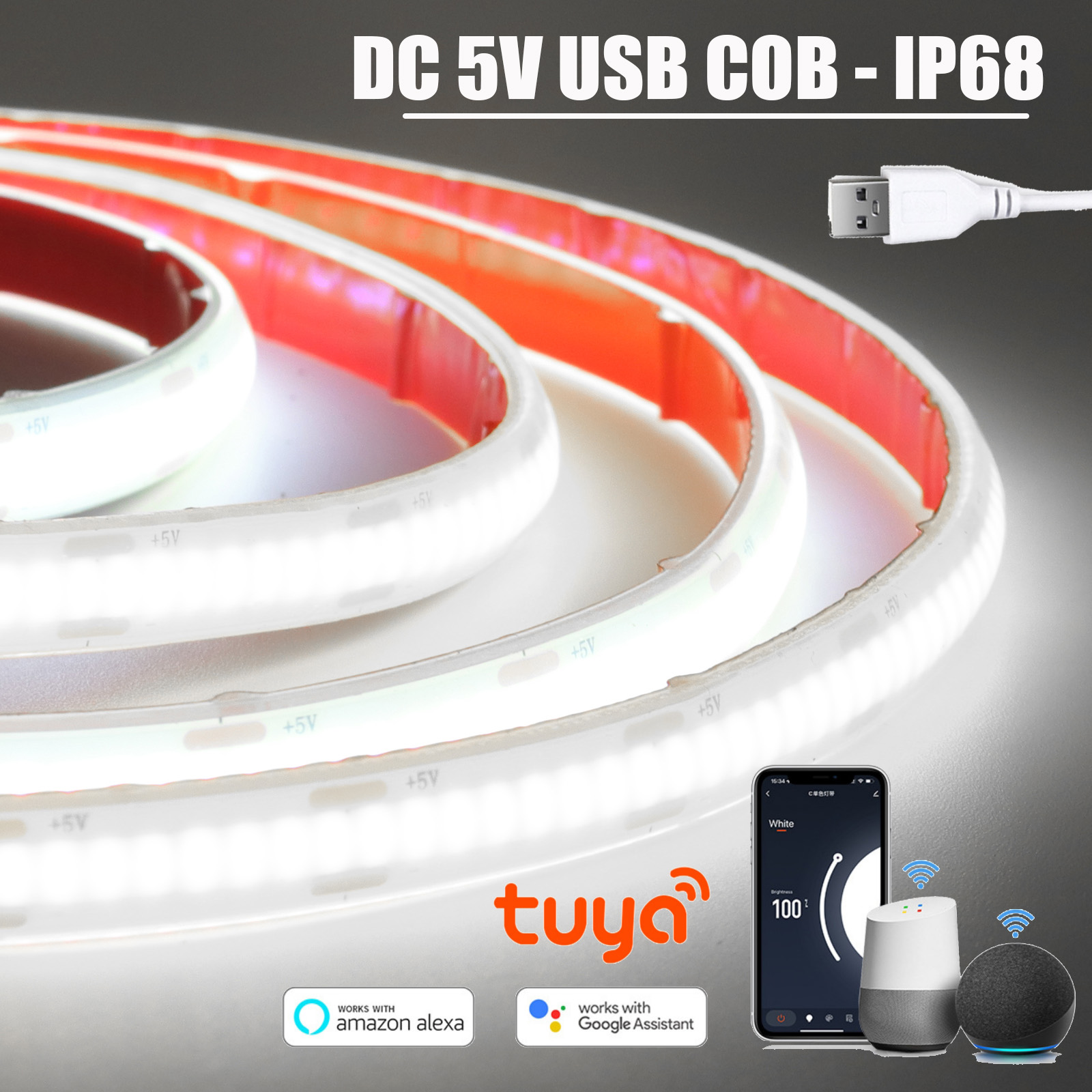 DC 5V USB COB Strip Tuya WIFI Dimmerable 320Leds 3000K 4000K 6000K IP68 Waterproof Flexible Home Garden Decor LED Light
