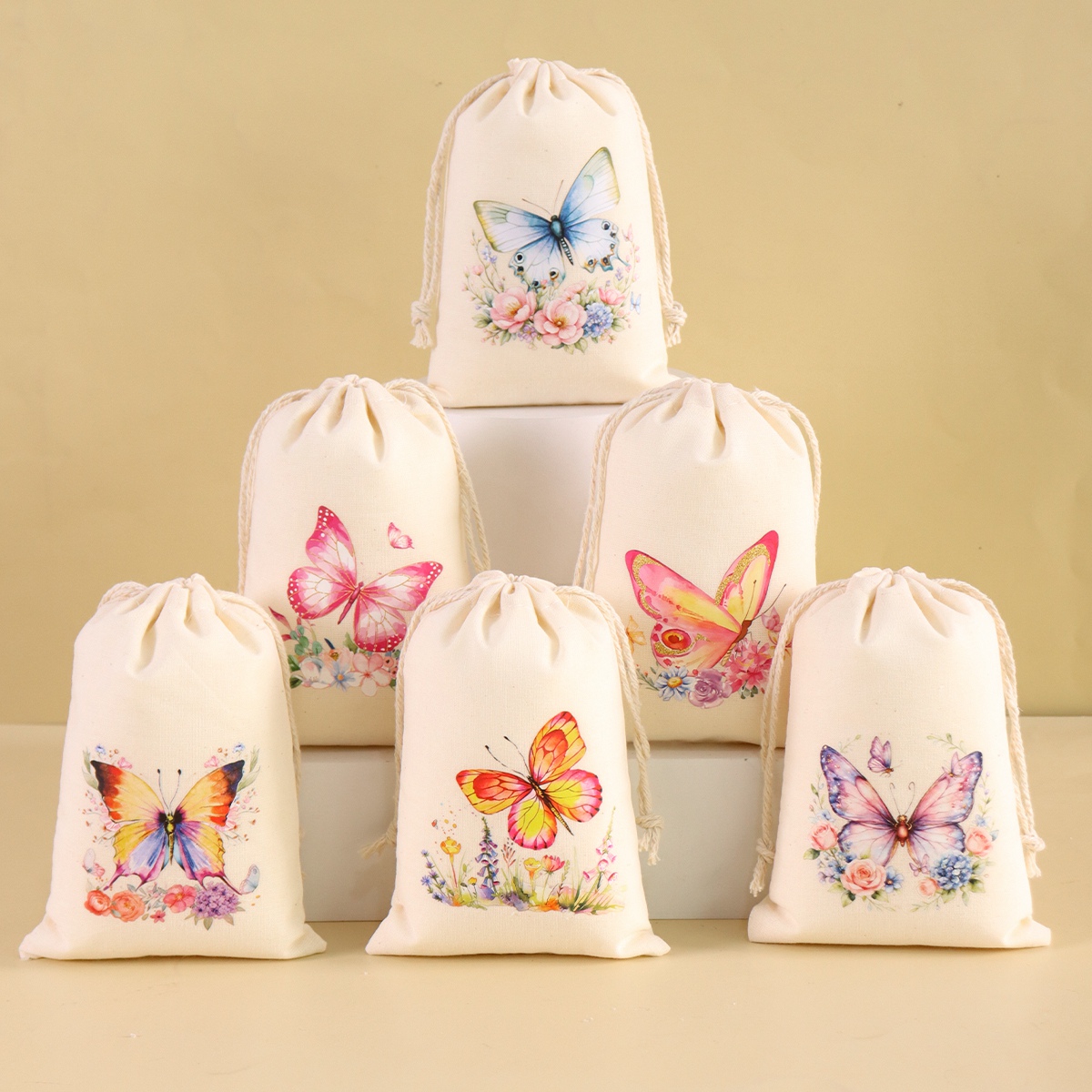 6Pcs Butterflies Cotton Drawstring Bags Spring Party Package Small Cotton Pouches Home Packing Bags Holiday DIY