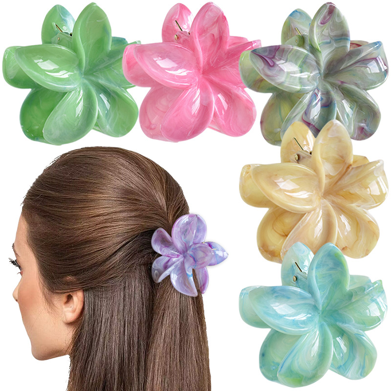 Colorful frangipani clip Moire flower hair clip Vintage Hawaiian Marble shark clip