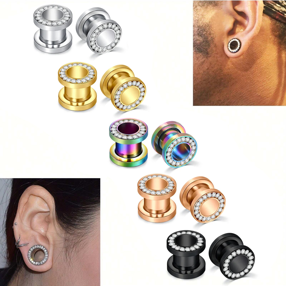 1Pair Stainless Steel Ear Plugs, Rhinestone Ear Expander, Ear Tunnels Plug Screw Body Piercing Jewelry For Women Men 4-16mm