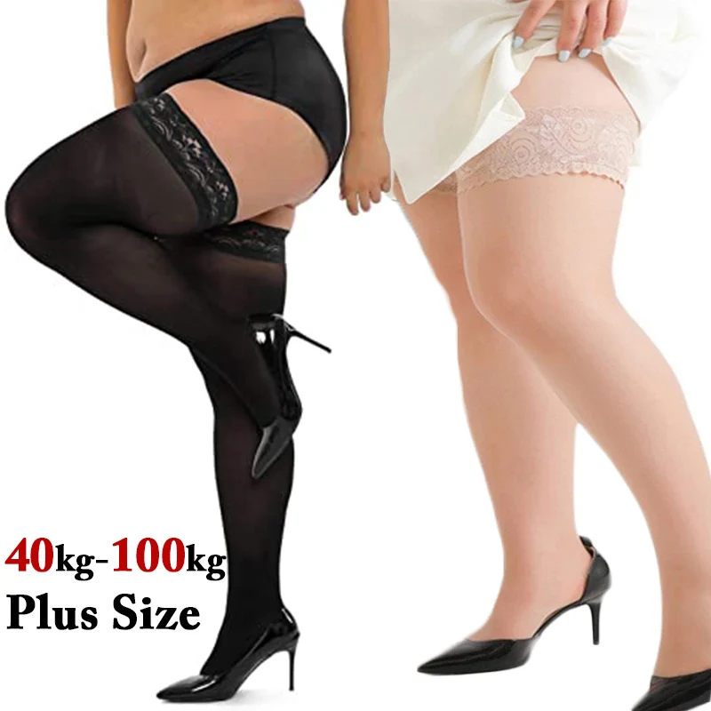 Plus Size Women Thigh High Stockings Ultra Thin Lace Silicone Stay Up Long Silk Socks 40-100kg