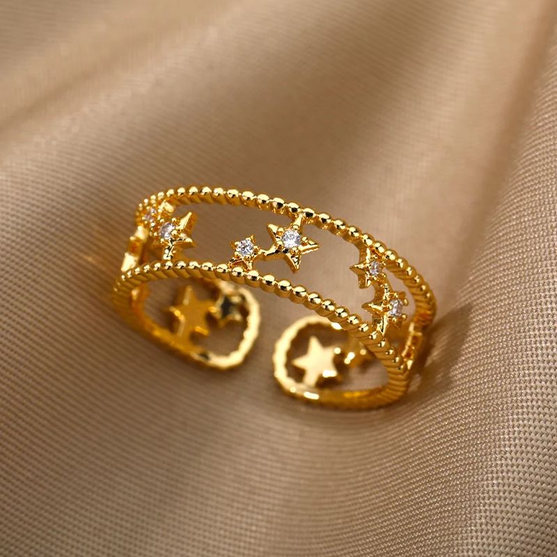 Zircon Star Ring For Women Stainless Steel Cute Star Double Layer Adjustable Finger Ring Boho New Trend Jewelry Accessories