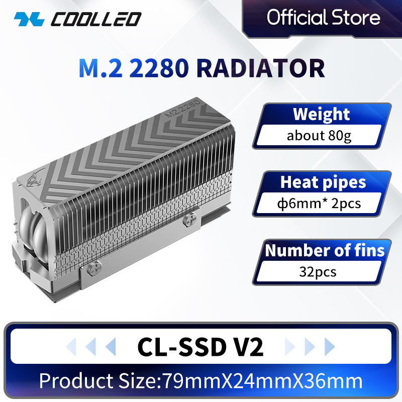 COOLLEO M.2 2280 NVMe SSD Heat Sink 2 heat pipes SSD Cooler With 14.8W/mk Thermal Pad