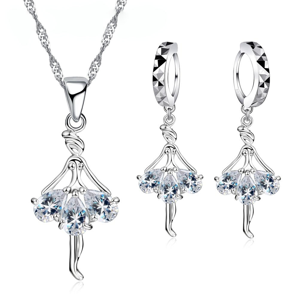 925 Sterling Silver Stamped Bridal Jewelry Sets Cute Dancing Girl Shape CZ Crystal Women Girls Engagement Anniversary Wholesale
