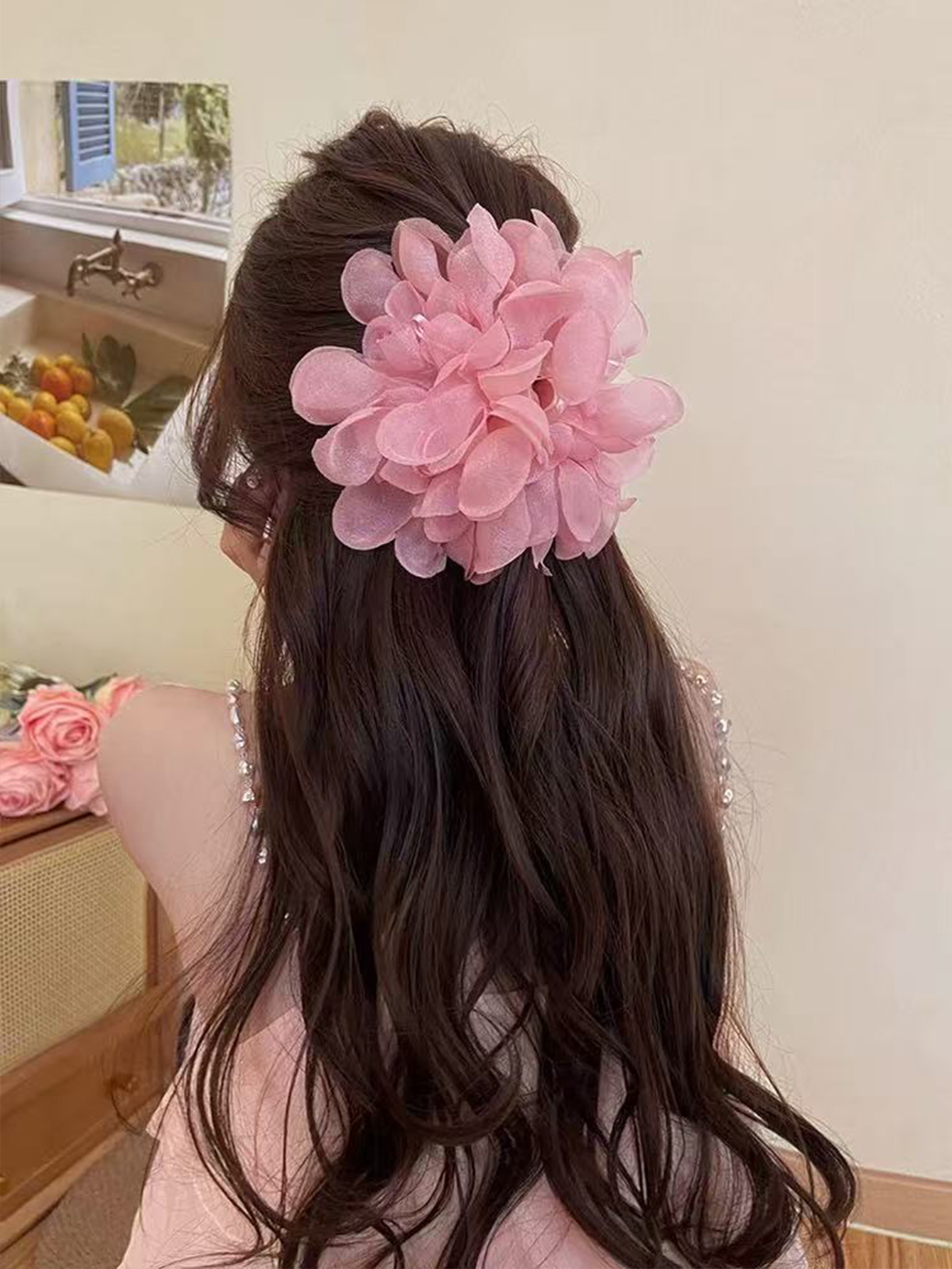 1pc summer new style misty chiffon flower hair clip, high-end shark clip at the back of the head, elegant hair accessory