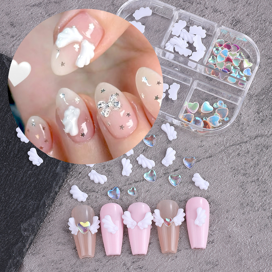 1 Box 3D Cute White Angel Wings Nail Art Charms Kawaii Love Heart Manicure Accessories Crystals Jewelry Part Nail Supplies Decor