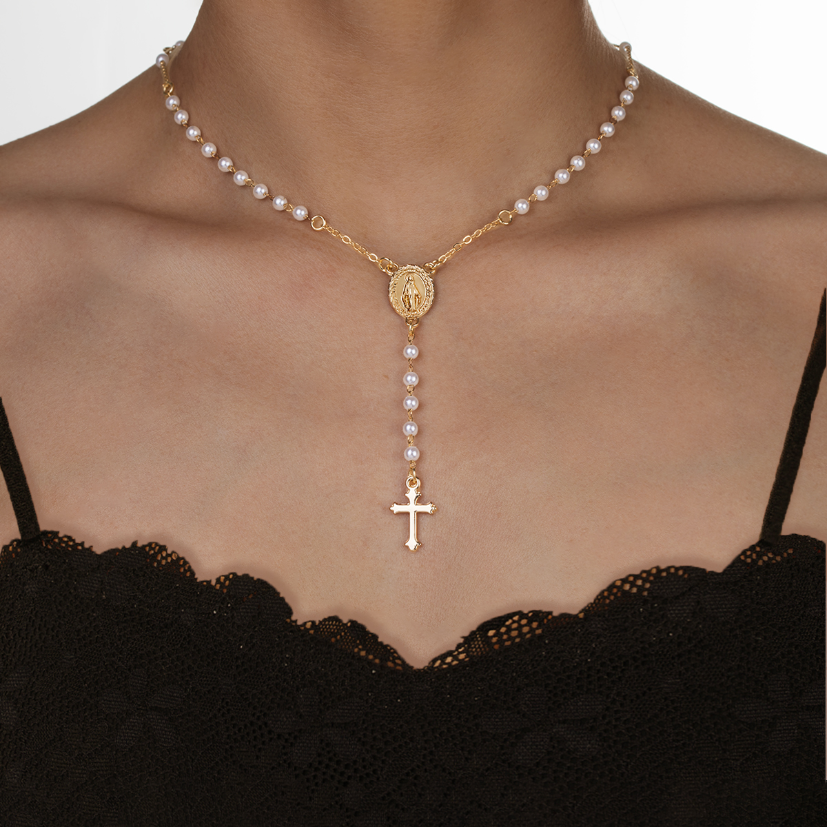 Retro style cross necklace alloy hang tag long imitation pearl Y-shaped necklace suitable for holiday