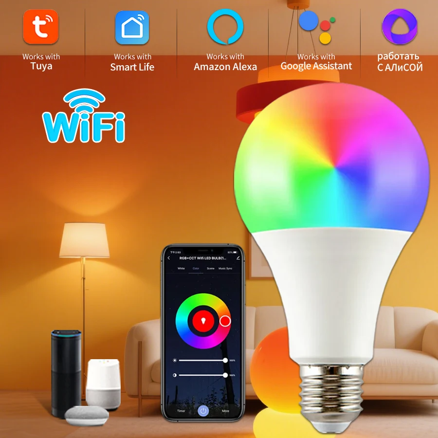 Tuya RGB LED Light Bulbs Smart WiFi E27 Smart Lamp 220V 110V 10W 15W 20W Lamp Smart Life APP Assisatnt Voice Control