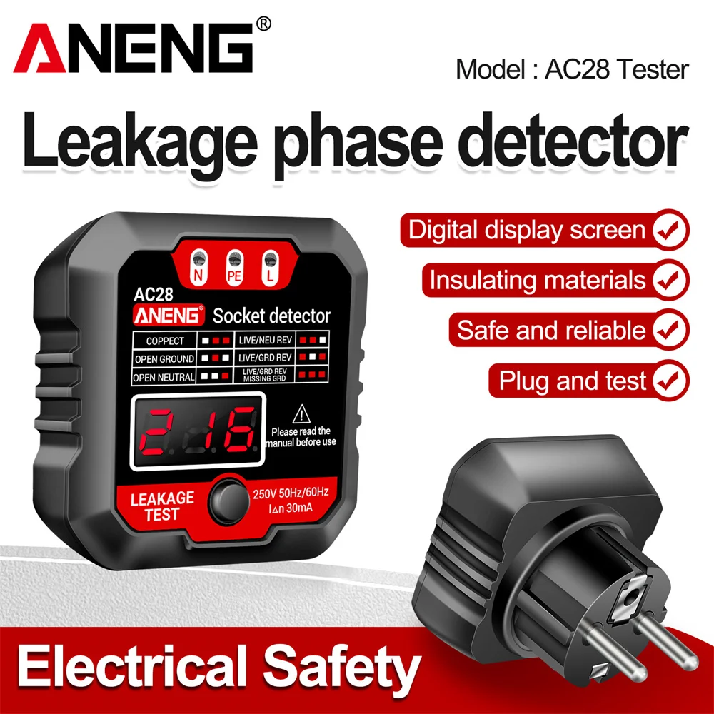 ANENG AC28 Digital Socket Tester Voltage 6mA 30mA Polarity Phase Check Smart Detector Circuit Breaker Finder EU US Plug