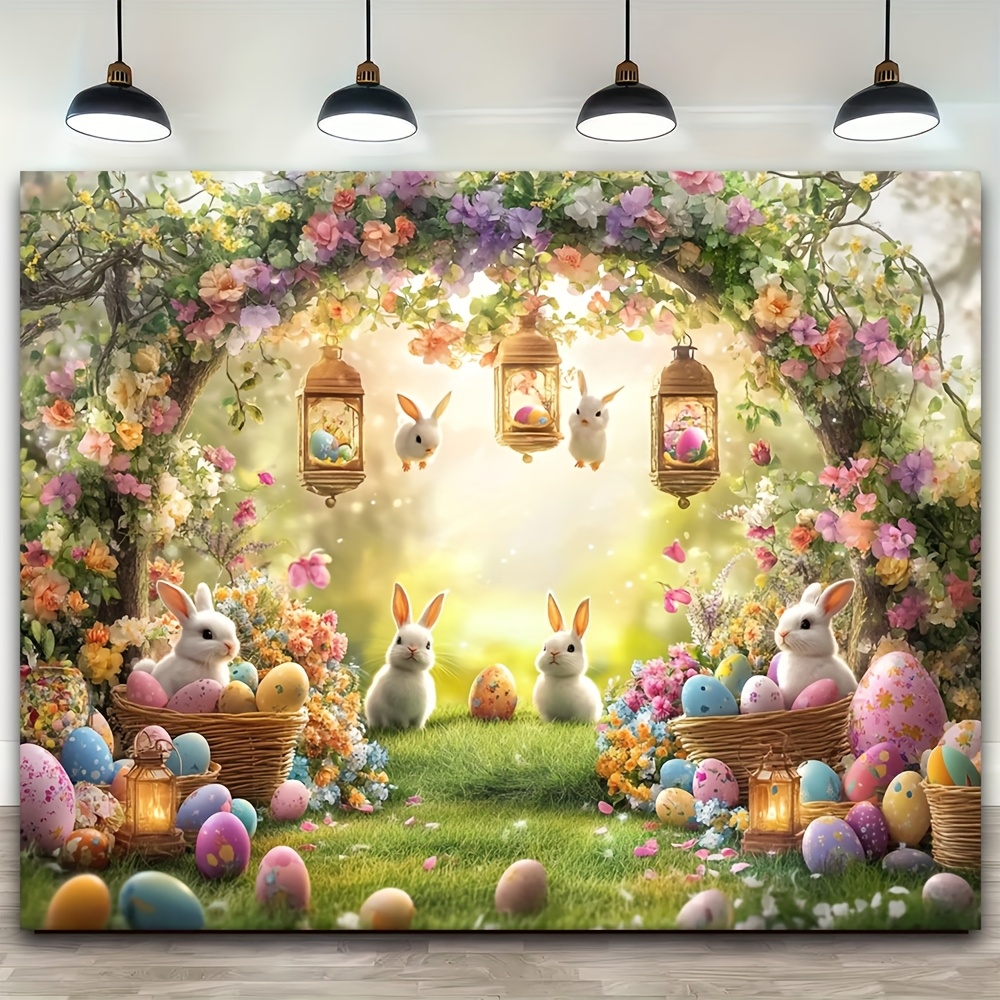2D flat banners, 1pc rustic Easter Arch photo backdrop with bunnies and colorful egg baskets - bright polyester bannersforspring