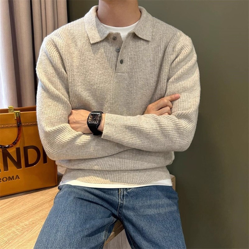 2025 new autumn soft glutinous heavy weight knitted polo sweater sweatshirt long sleeved casual simple solid color jacket