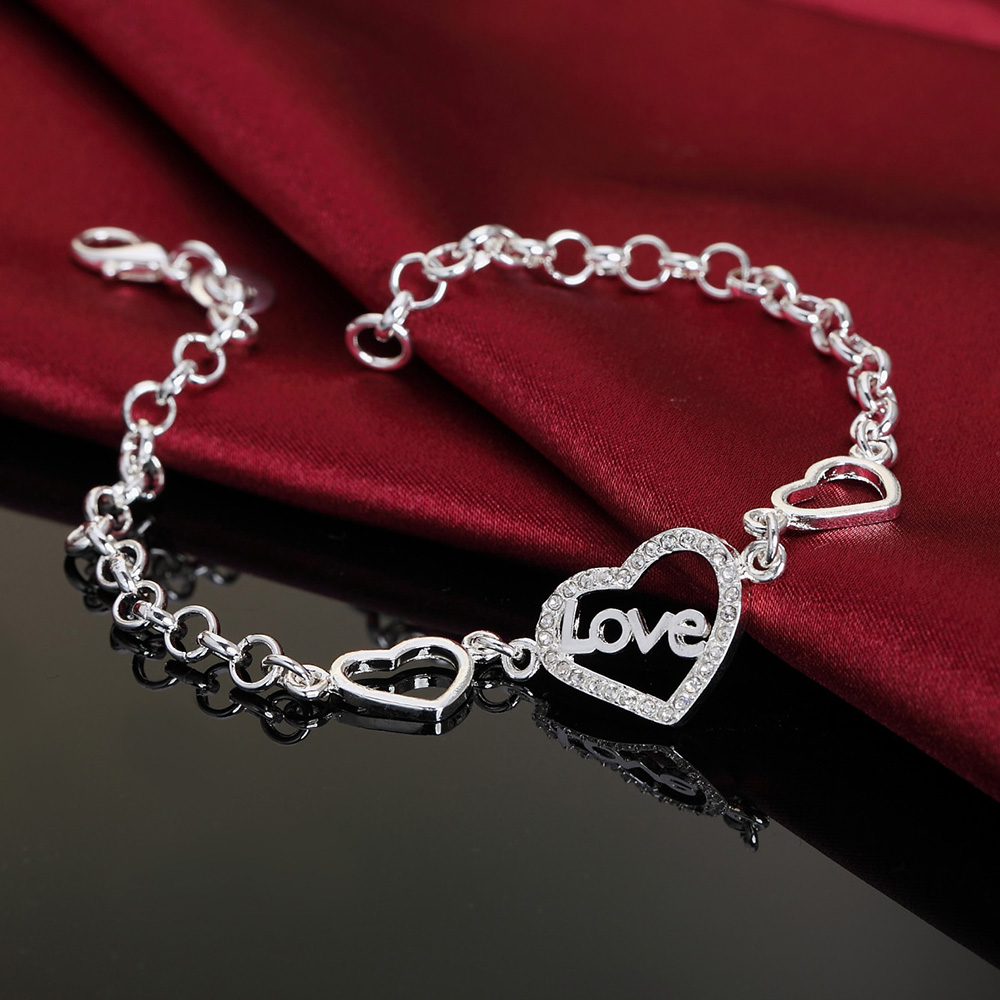 Silver color heart crystal for women lady cute noble nice bracelet fashion charm chain jewelry wedding party