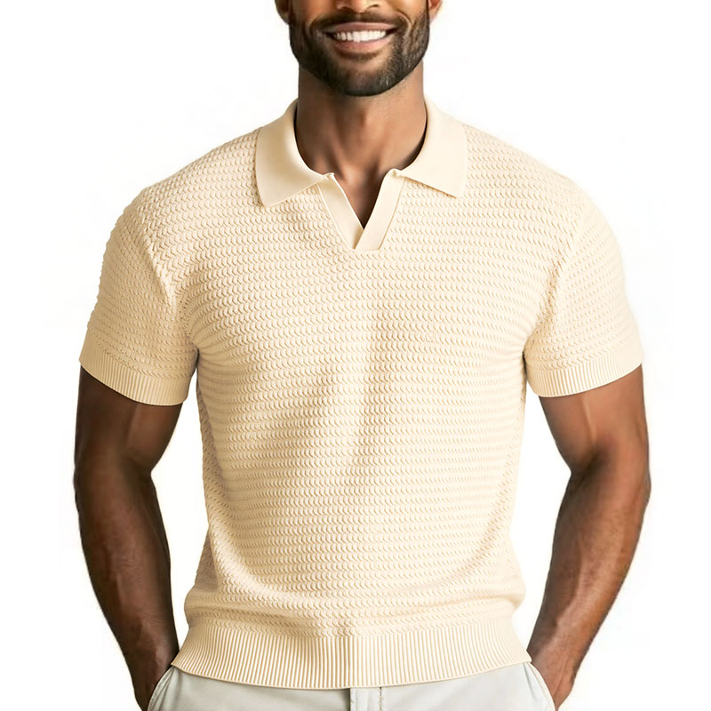 Men Knitted Polo Shirt 2025 Summer New High quality Solid Casual Elastic Slim Fit Short Sleeved V neck Top T shirt Men Clothing