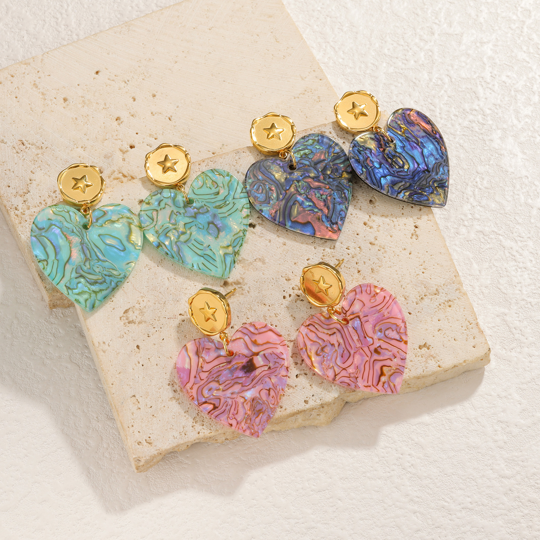 Kissmoon Vintage Colorful Irregular Patterns Abalone Shell Heart Stainless Steel Earrings for Women Fashion Party Jewelry