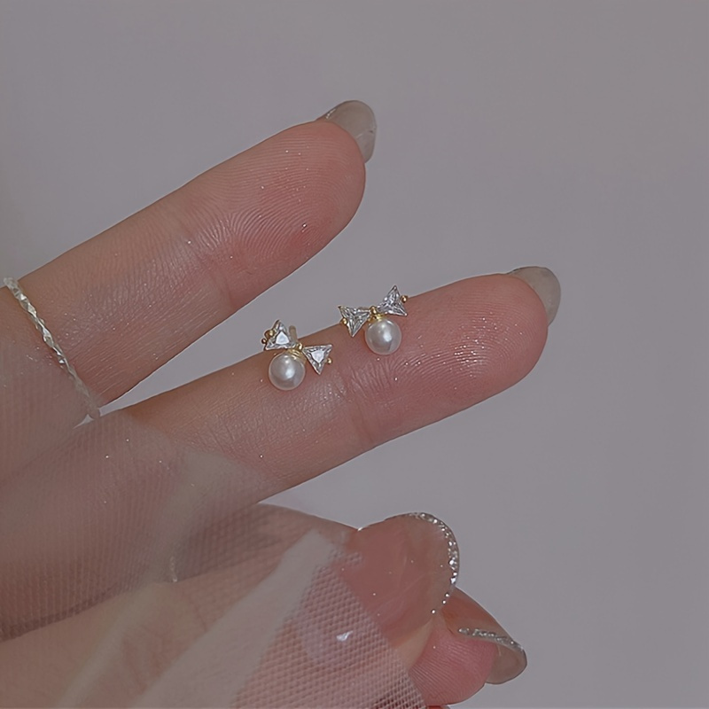 1-Pair French Retro Inlaid Synthetic Zircon Bow Splicing Imitation Pearl Pendant Earrings for Women's Daily Versatile 2024 New E pen gpt