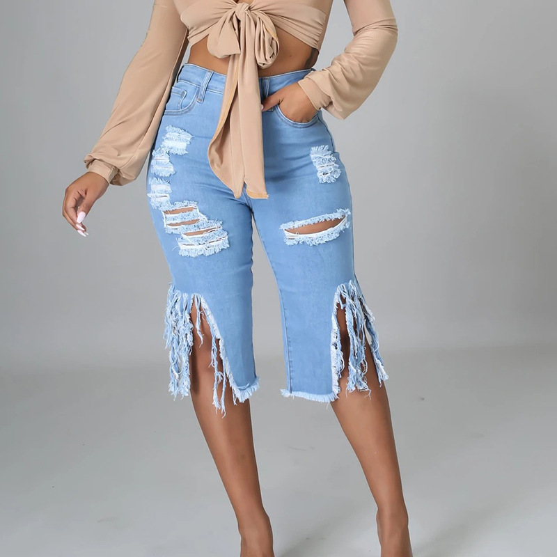 2022 Summer Bermuda Shorts Women Ripped Cotton Knee Length High Waist Casual Denim Shorts Ladies Blue Straight Jean Shorts
