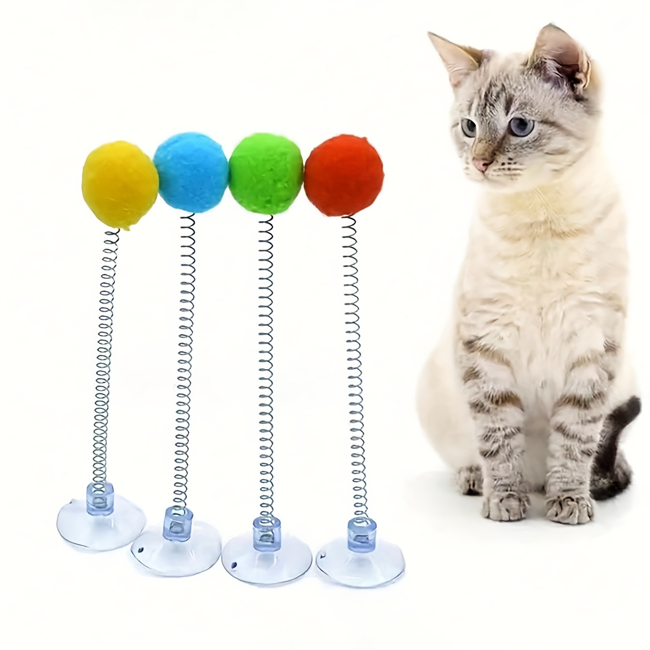 Interactive Cat Toy Set - Plush Ball, Metal Spring Stick, and Suction Cup Base | Durable Design Stimulates Hunting Instinct, Multi-Color Realistic Hunting Toys, Fun Indoor Entertainment for Cats.