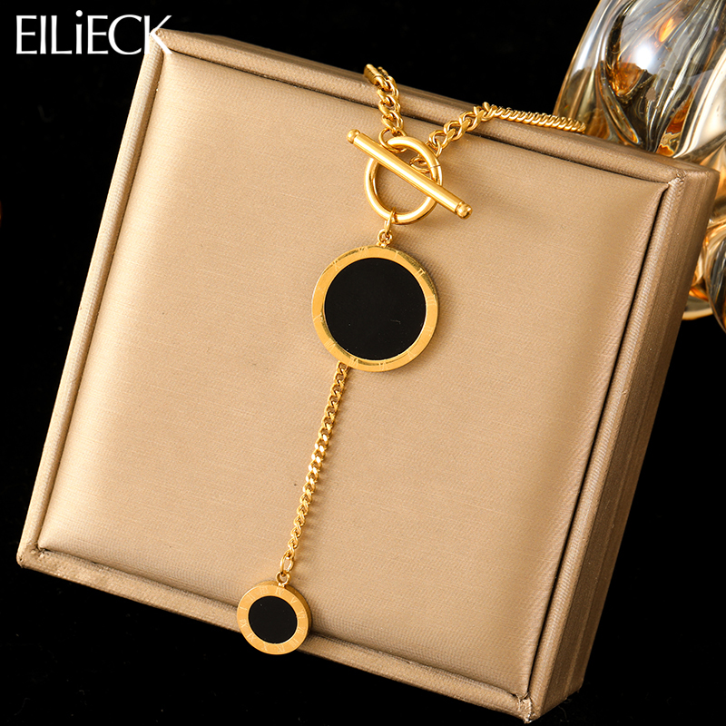 EILIECK 316L Stainless Steel Round Black Long Pendant Necklace For Women Fashion Waterproof Neck Chain Jewelry Bijoux