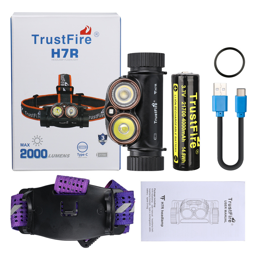 H7R USB Rechargeable Headlamp 2000 Lumen Red White LED Work Light 4000K CRI95 Head with Spotlight Floodlight Red light