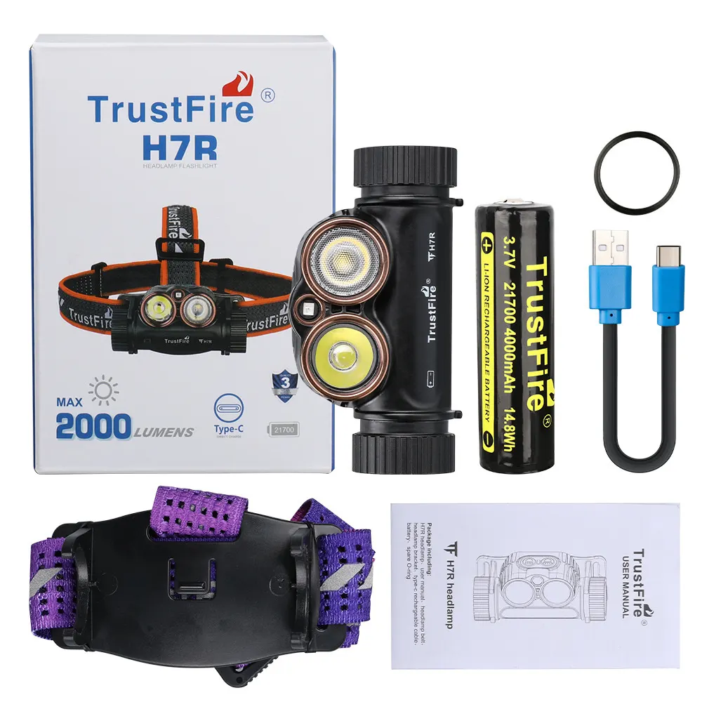 H7R USB Rechargeable Headlamp 2000 Lumen Red White LED Work Light 4000K CRI95 Head with Spotlight Floodlight Red light - image 1