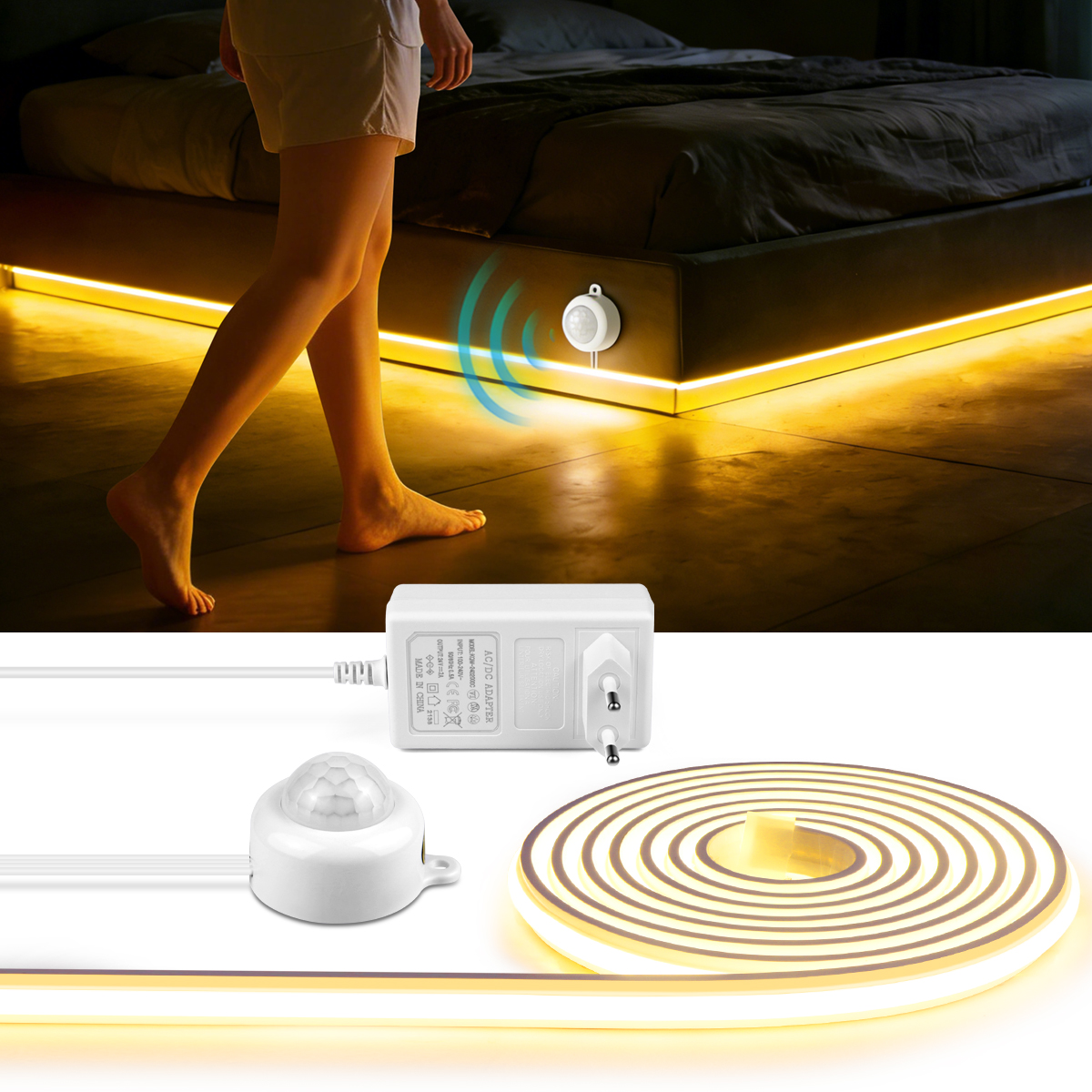 2m 5m 10m Smart PIR Motion Sensor Switch 24V COB LED Strip Light Neon Silicone Gel Tape Auto ON/OFF For Stair,Wardrobe Decor lightify