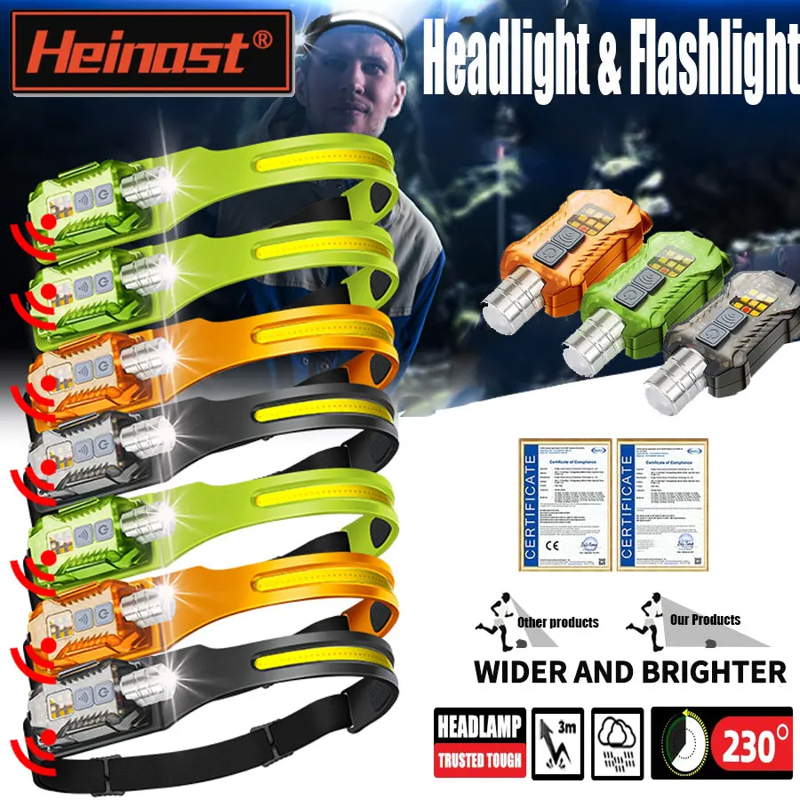 Induction COB LED Headlamp USB Rechargeable Headlight with 9 Lighting Modes Outdoor Camping Fishing Lantern Working Light Lamp