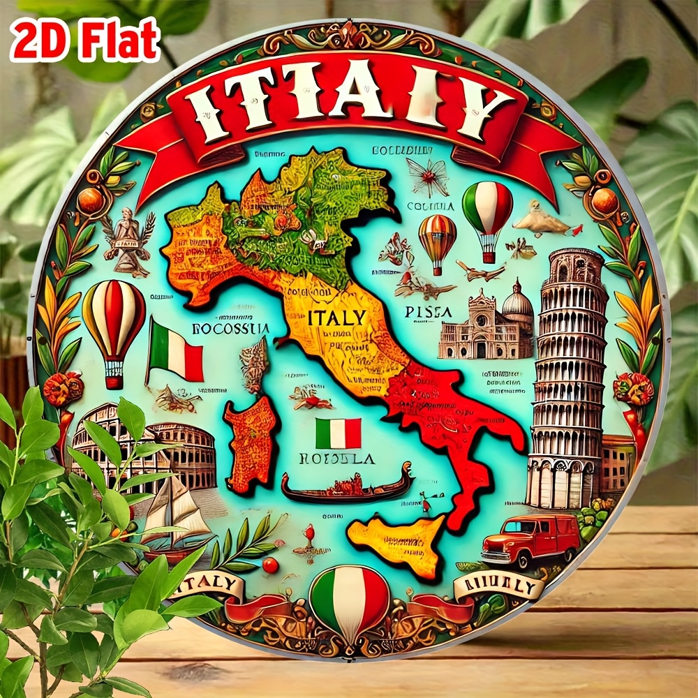 2D Flat, 2D Flat 1pc, 2D Flat Round 8x8inch (20x20cm) Vintage Italian Metal Wall Art - Aluminum Decor Featuring Iconic Landmarks