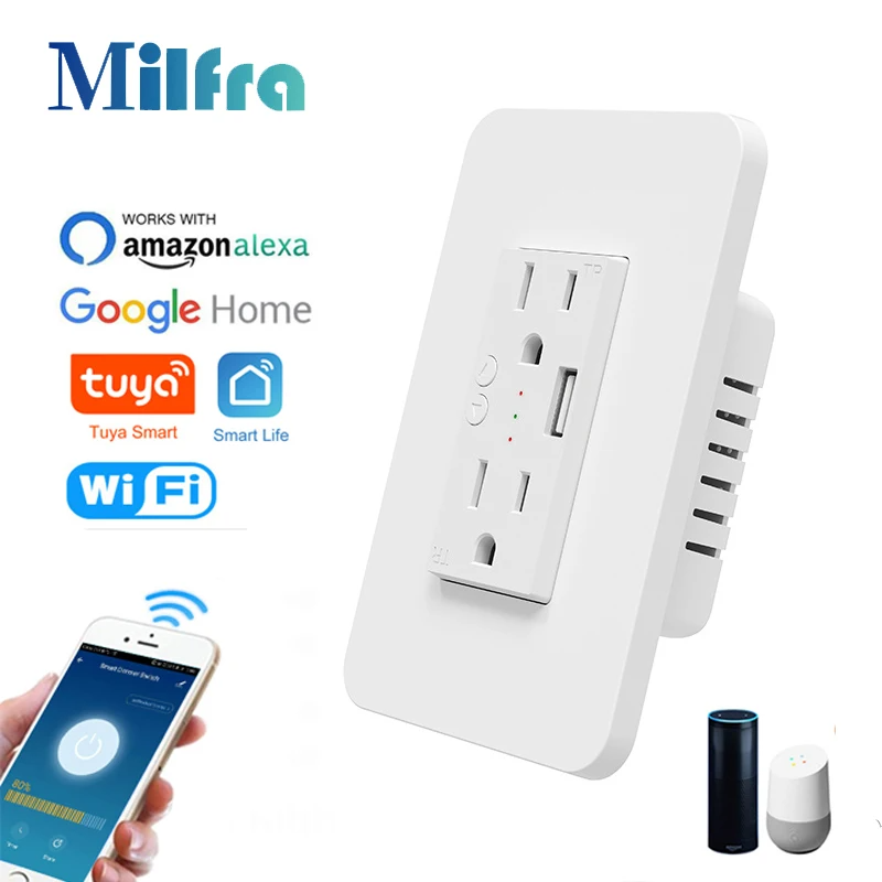 Milfra Wifi Smart Socket Wall US Plug Power Outlet With USB Type C Charging Port ON/OFF Tuya Smart Life APP Voice Remote Control