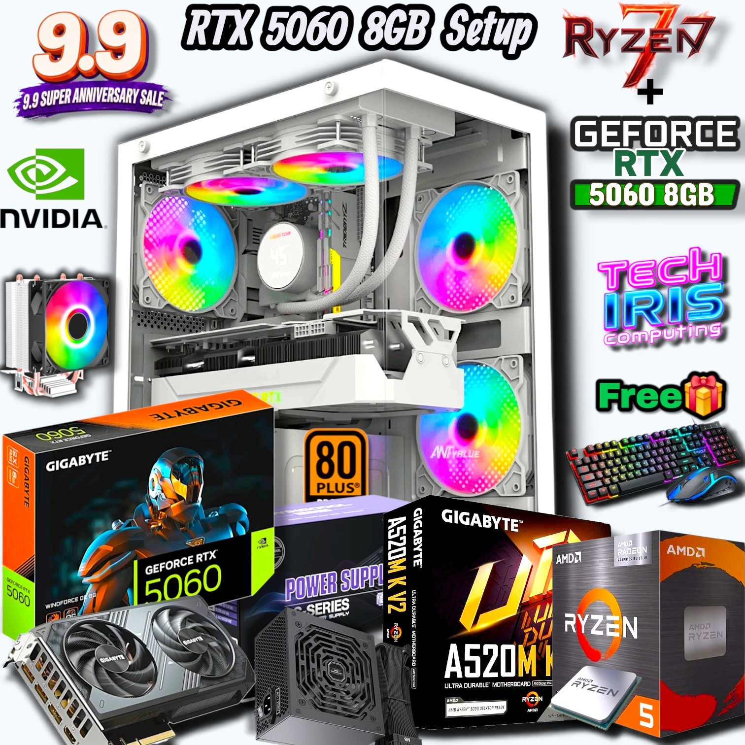 Powerful Ryzen 7 5700X Pairs RTX 5060 8GB Graphics/24" 180HZ Monitor, 8/16GB RGB DDR4 RAM/ 650WATT 80+Bronze PSU Best Performance Gaming PC