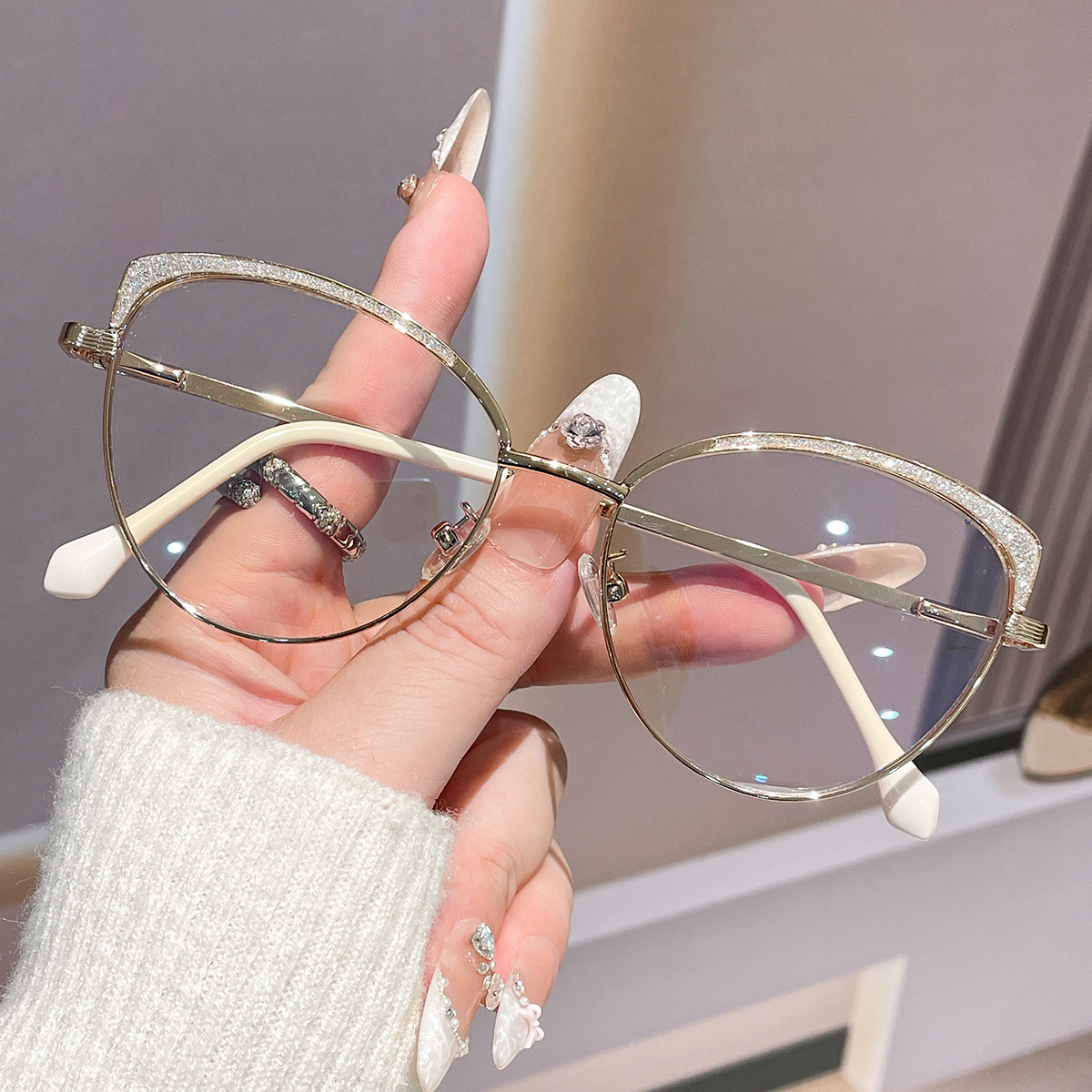 1Pc Women's Plain Glasses New Light Luxury Retro Cat-Eye Starry Sky Sparkling Diamond Stylish Casual Versatile Suitable for Dail dr. eyemo