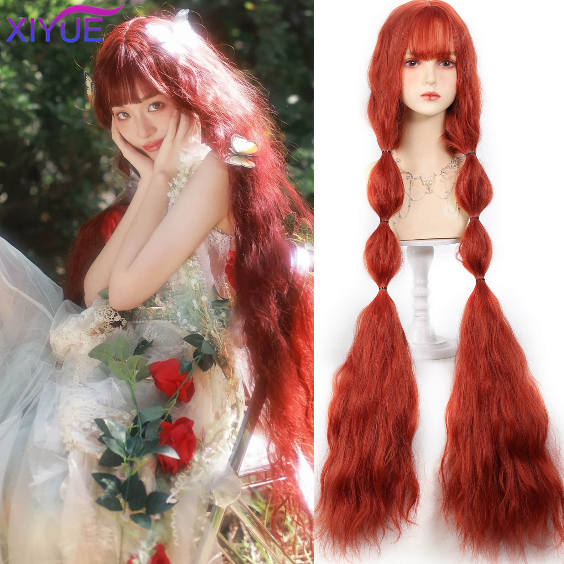 110cm Long Wavy Hair Synthetic Female Red Brown Coaplay Lolita Wig With Bangs Natural Hair Women Heat Fesistant Fiber