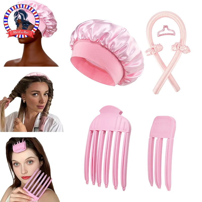 No Heat Hair Curler And Satin Sleeping Cap Set Heatless Hair Curling Headband Hair Claw Clip Hair Rings Soft Sleeping Hat Salon