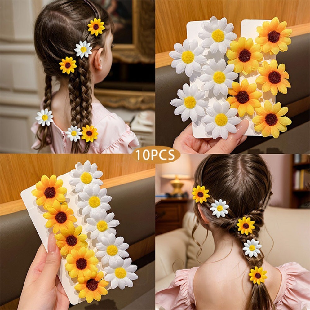 10pcs Girl Cute Hair Clips Daisy and Sunflower Designs Mixed Color Polyester Flower Hair Accessories Daily Casual Wear Hairpin