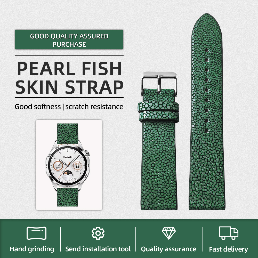 Handmade Pearl Fish Leather Bracelet 18MM 19MM 20MM 21MM 22MM Black Blue Green Watchband Watch Strap