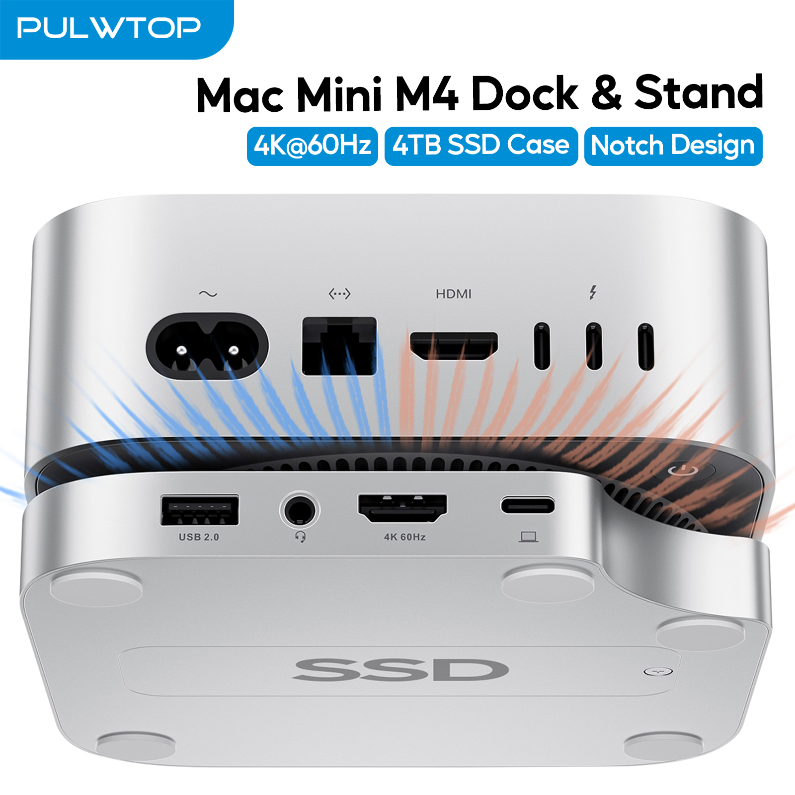 PULWTOP Mac Mini M4 Hub with 4TB SSD Enclosure, USB C HUB Support HDMI 4K 60Hz, USB A 2.0, SD/TF, Audio for Mac Mini M4/M4