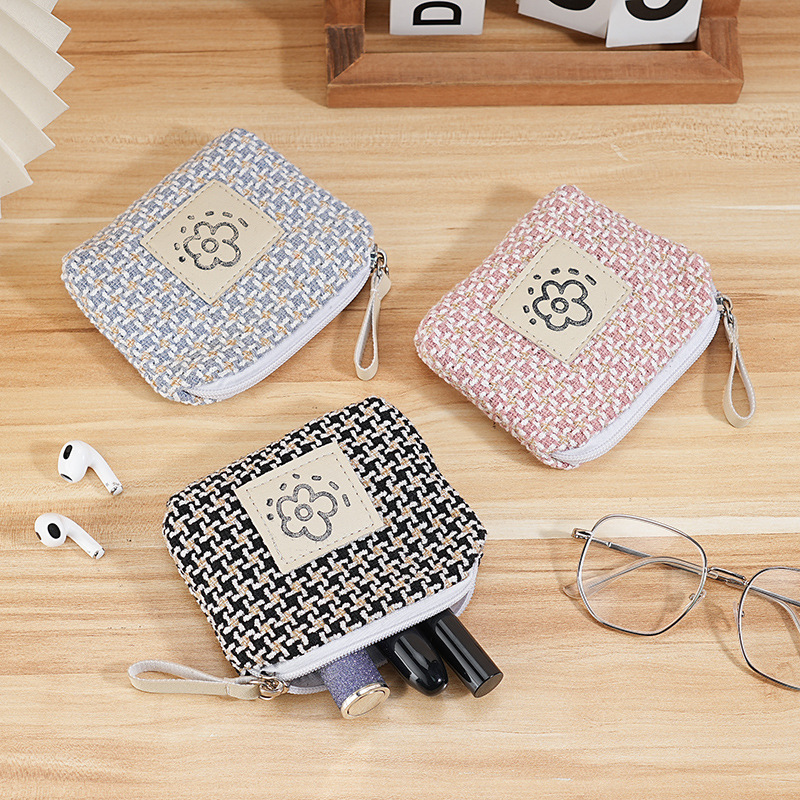 Women's Coin Purses Compact Portable Plaid Cute Simple Versatile Handheld Wallets Multifunctional Earphones Lipstick Storage Bag