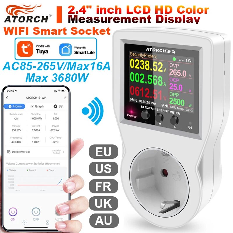 WIFI Energy Monitor Tuya 16A AC85-265V Digital Wattmeter for Real Time Power Consumption and Electricity Cost Tracking